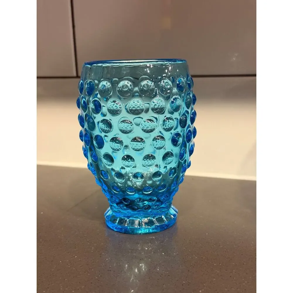Vintage Set of 4 Indiana Glass Hobnail Juice Glasses Bright Blue Footed VTG